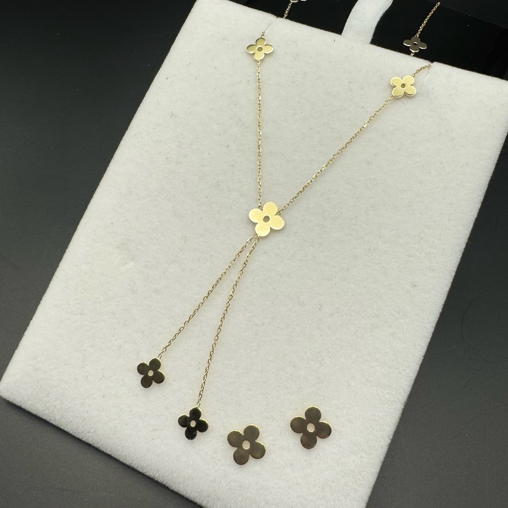 14K Solid Yellow Gold Y Necklace Stud Earrings Lucky Charm Clover Jewelry Set